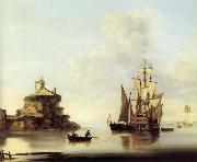 Francis Swaine An English two-deker and a Dutch barge at anchor off a coastal fort oil painting